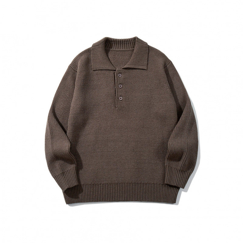 Men's fine-knit polo sweater with shirt collar, button placket, and ribbed hem Chichicherry