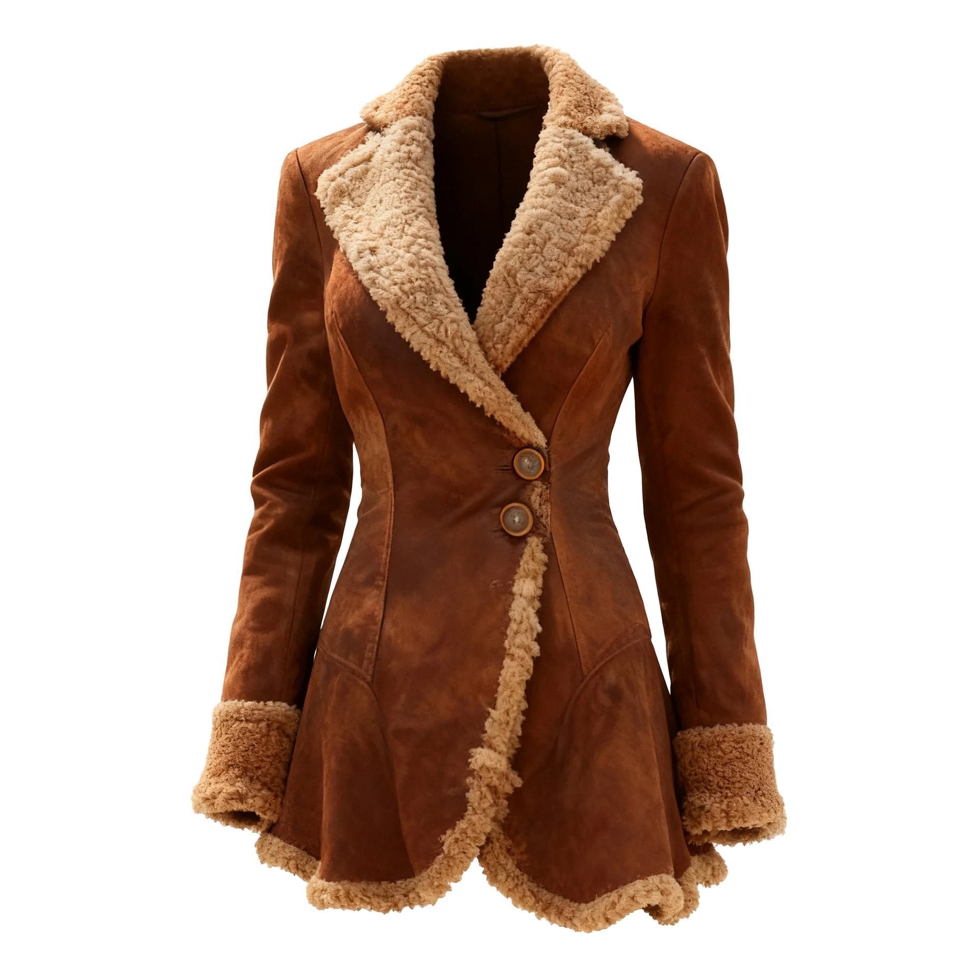 Women's Tailored Suede Imitation Coat with Teddy Lining and Flared Hem Chichicherry