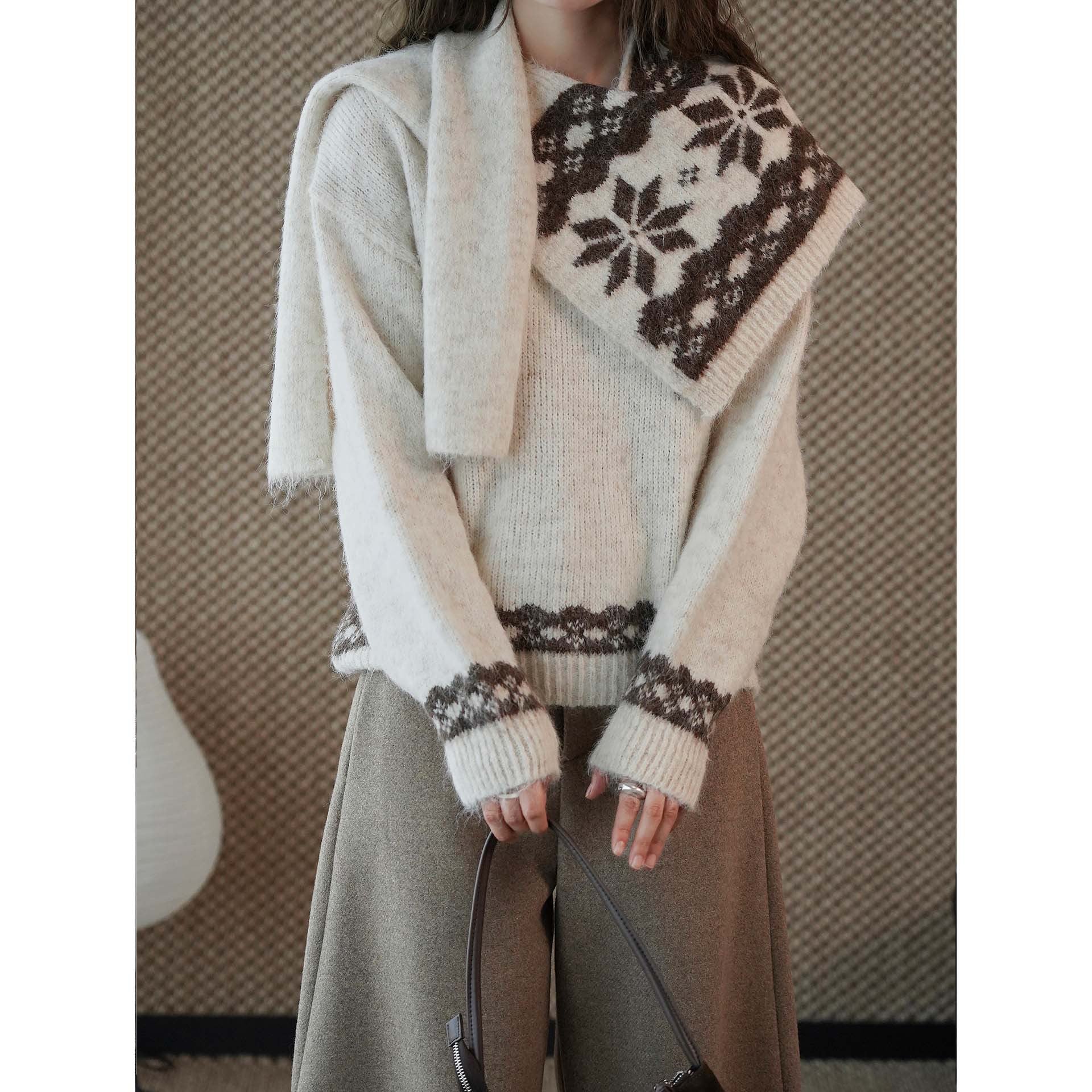 Women's Cozy Fine Knit Pullover with Integrated Shoulder Scarf and Jacquard Hem Chichicherry