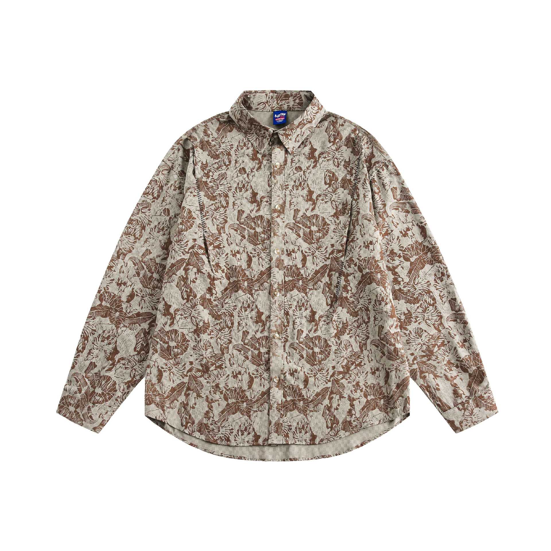 Unisex Oversize Shirt in Linen Style with Allover Floral Pattern and Rounded Hem