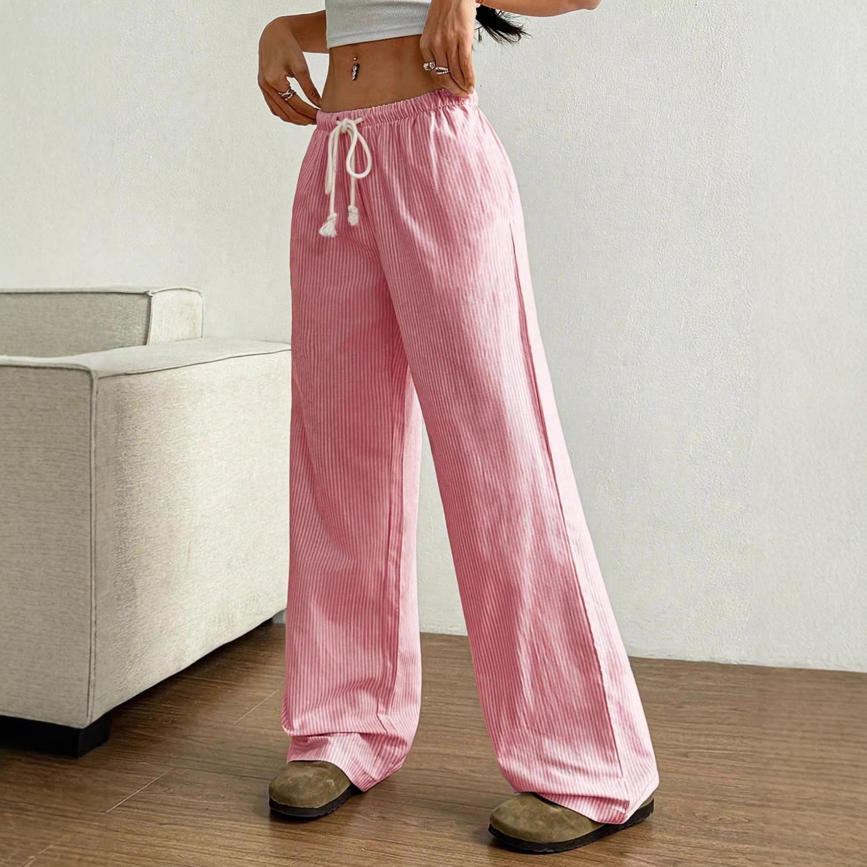 Ladies Wide Leisure Pants with Drawstring, Elastic Waistband and Fine Stripe Texture Chichicherry