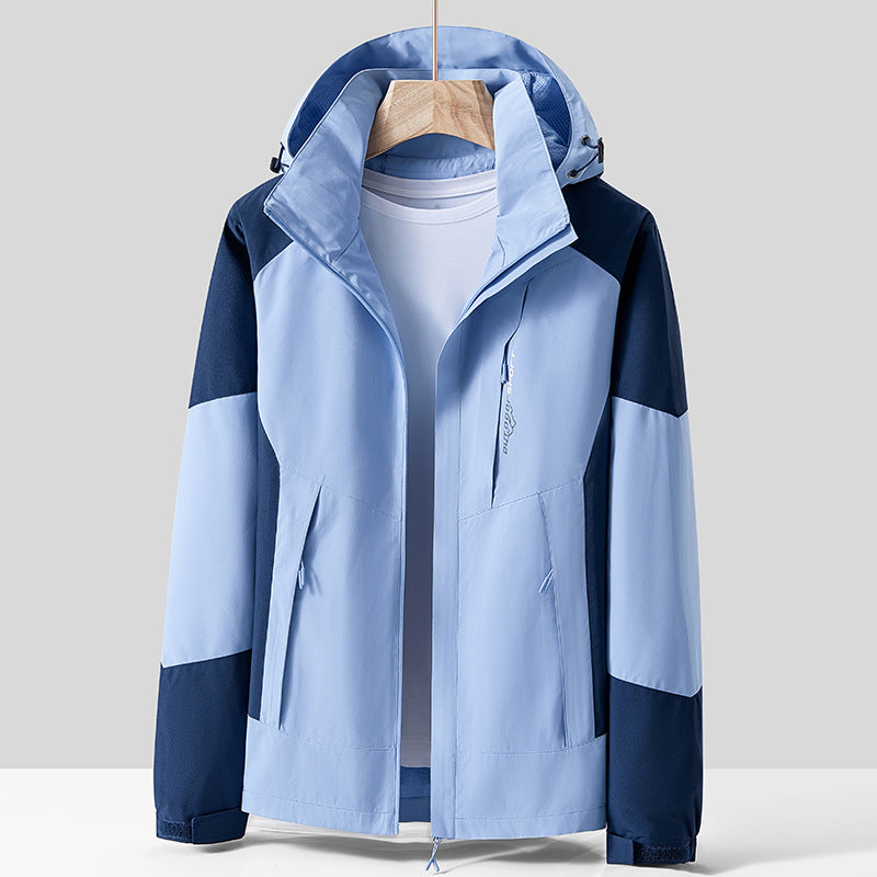 Unisex Breathable Softshell Outdoor Jacket in Colorblock Design with Adjustable Hood and Concealed Two-Way Zipper Chichicherry