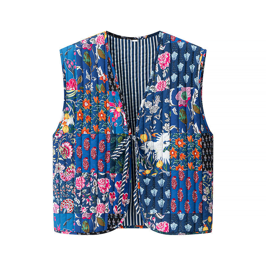 Women's Quilted Vest with Ties, diamond quilting and striped design Chichicherry