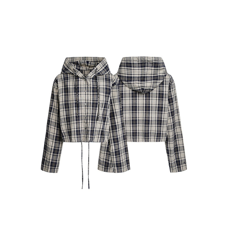 Ladies short-cut hooded shirt jacket in checkered look with drawstring hem Chichicherry
