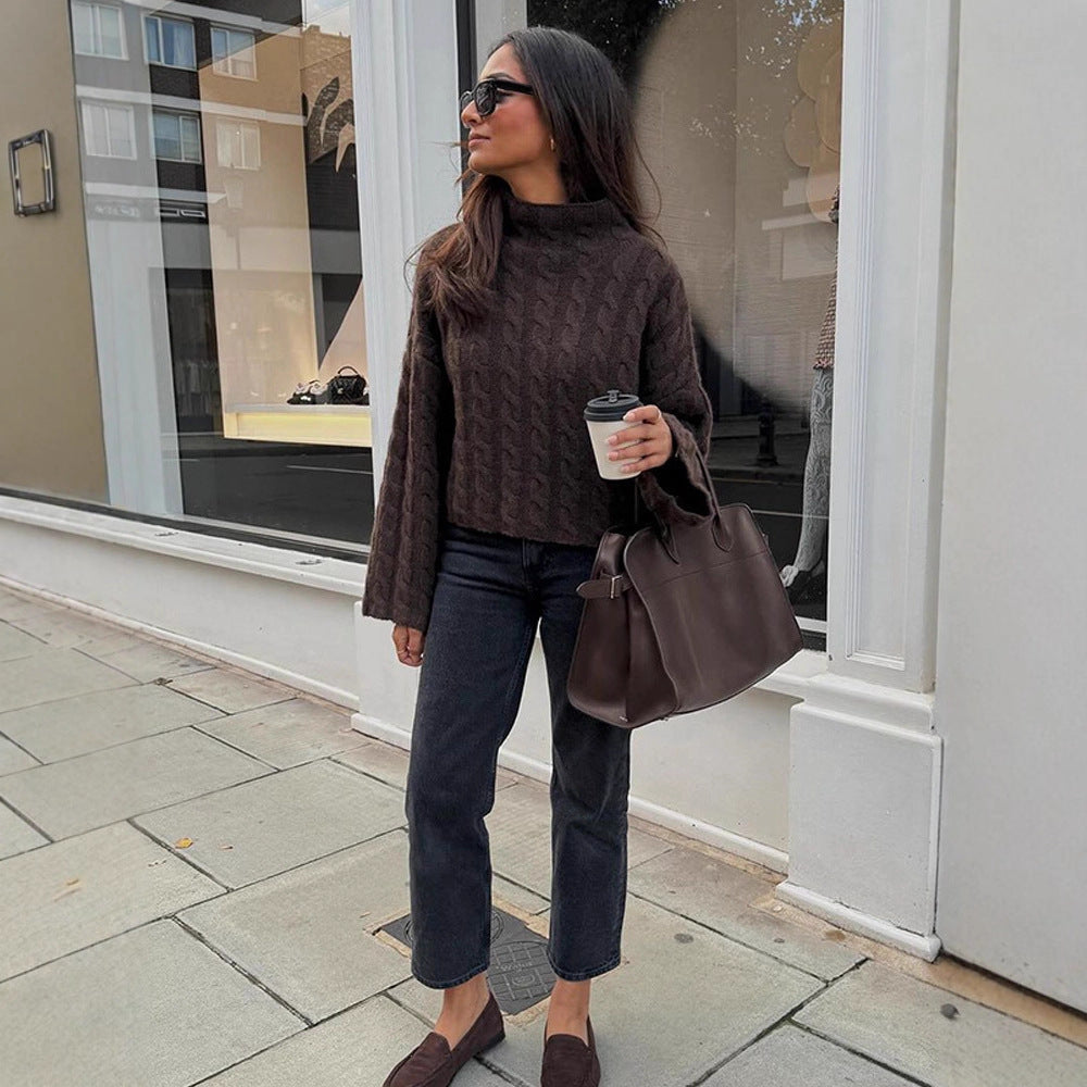 Women's Short-Cut Cable Knit Sweater with Turtleneck & Balloon Sleeves Chichicherry