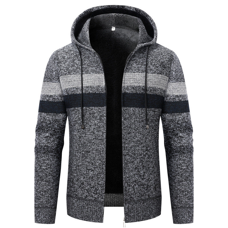 Men's knit zip hoodie with teddy lining, full-length zipper and block stripes Chichicherry