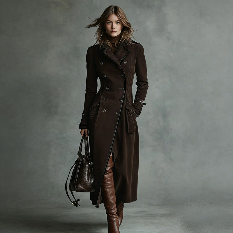Women Longer Tailored Trench Coat in Suede Look with Double-Breasted Button Placket and Buckle Cuffs Chichicherry
