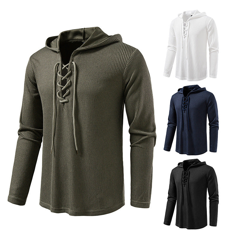 Men's waffle knit hoodie with lace-up collar and straight hem Chichicherry