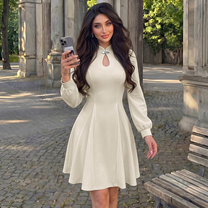 Women's elegant fitted skater dress with stand-up collar, keyhole detail & long balloon sleeves Chichicherry