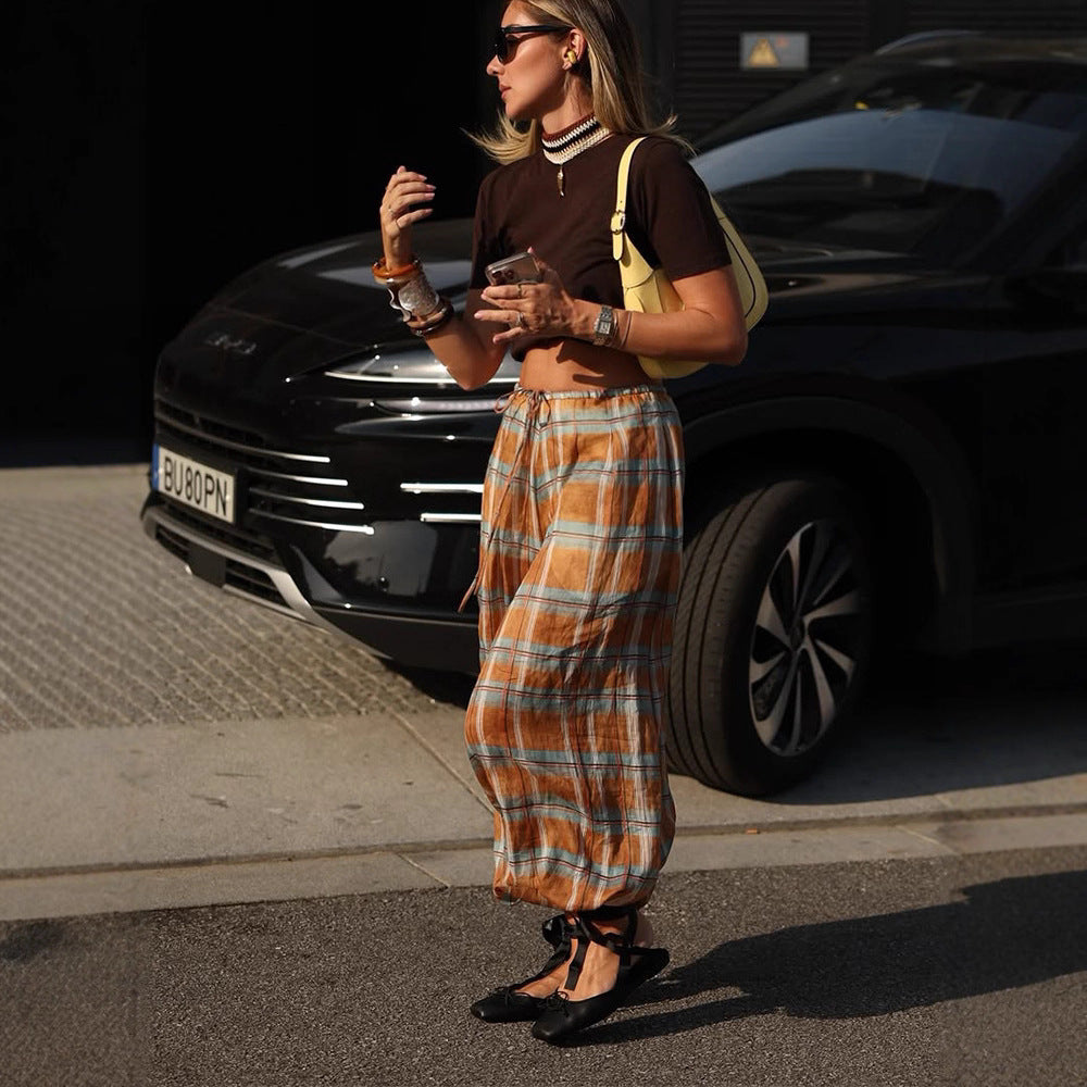 Women wide plaid harem pants with elastic waistband, drawstring & gathered ankle cuffs Chichicherry