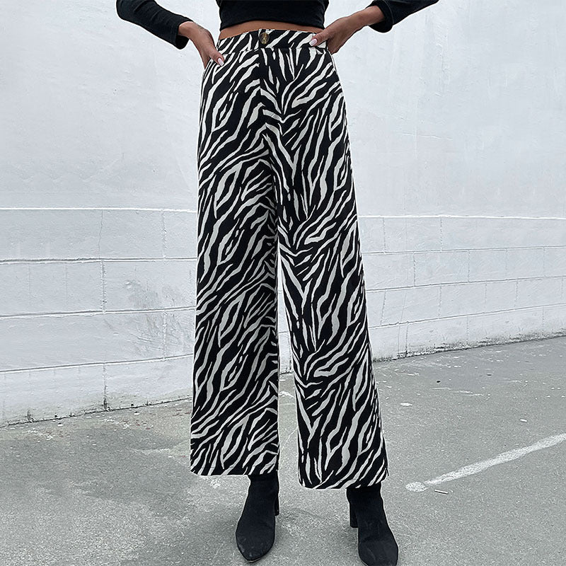Women's Wide Palazzo Pants with Animal Zebra Pattern, High Waist and Belt Loops Chichicherry