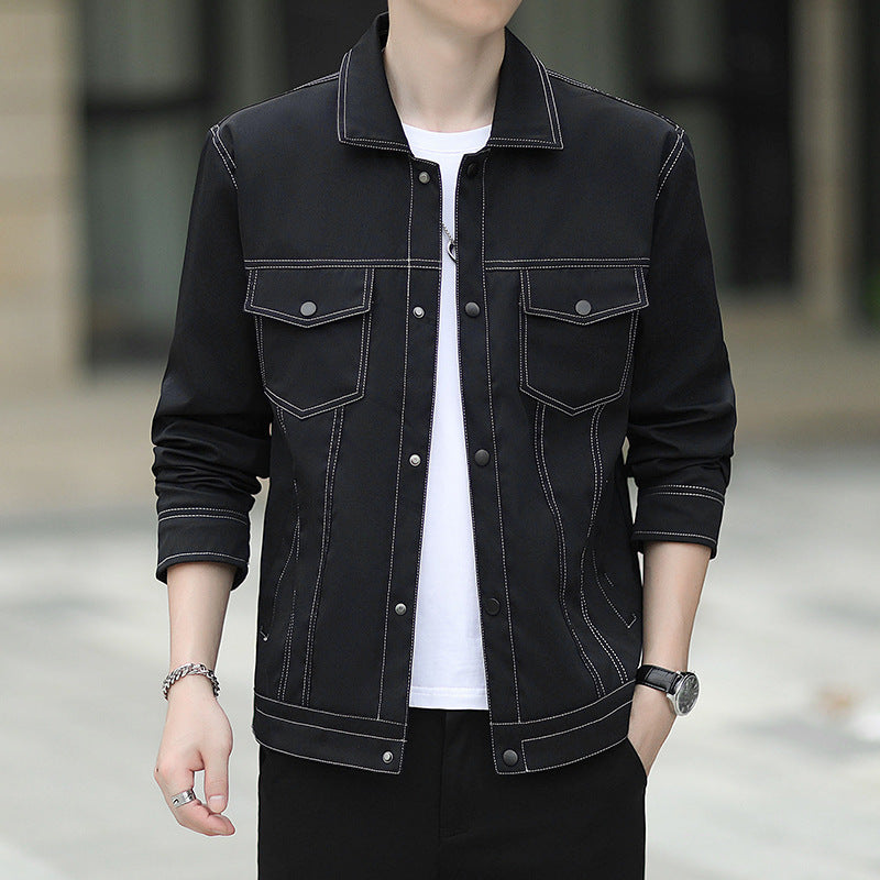 Men's lightweight canvas trucker jacket with visible contrast stitching and chest flap pockets Chichicherry