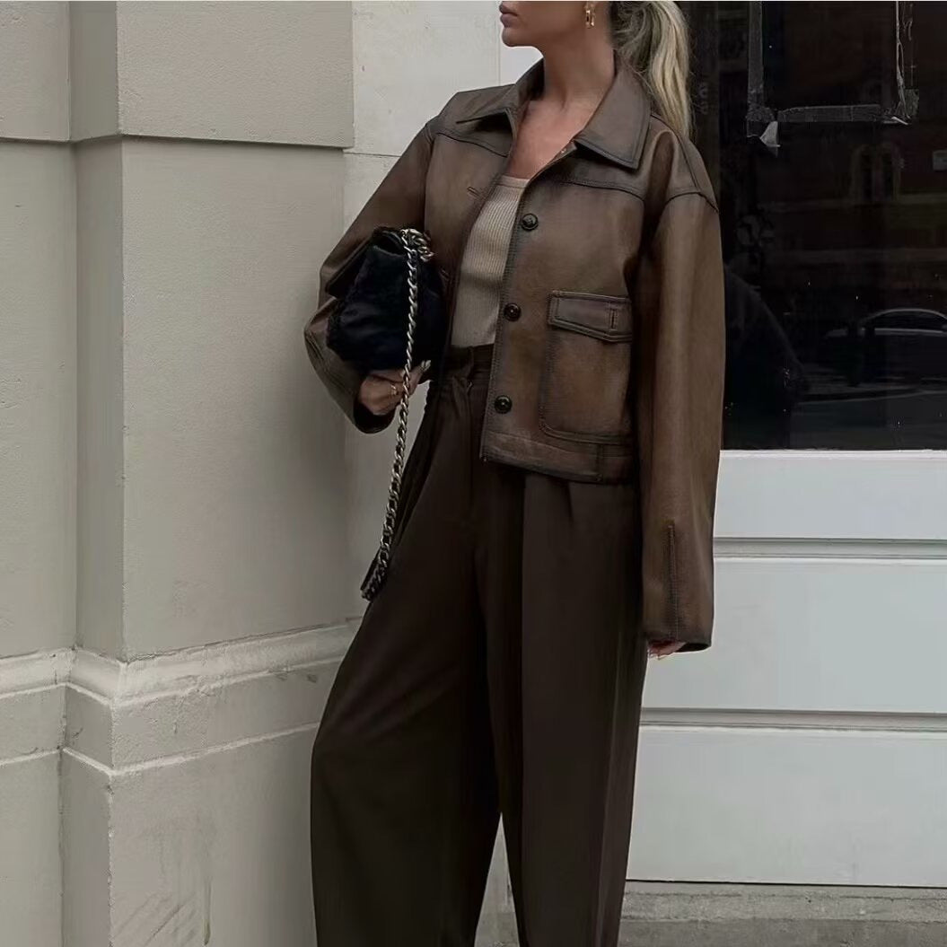 Women's short jacket made of vegan leather look in boxy worker style Chichicherry