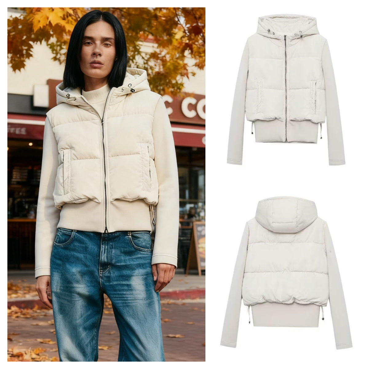 Women short-cut hybrid quilted jacket with hood, waist drawstring and elastic sleeves Chichicherry