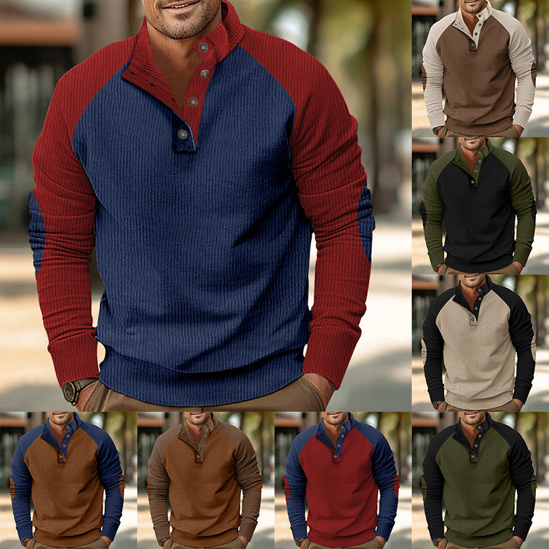 Men's Waffle Structure Henley Pullover with Stand Collar and Button Placket Chichicherry
