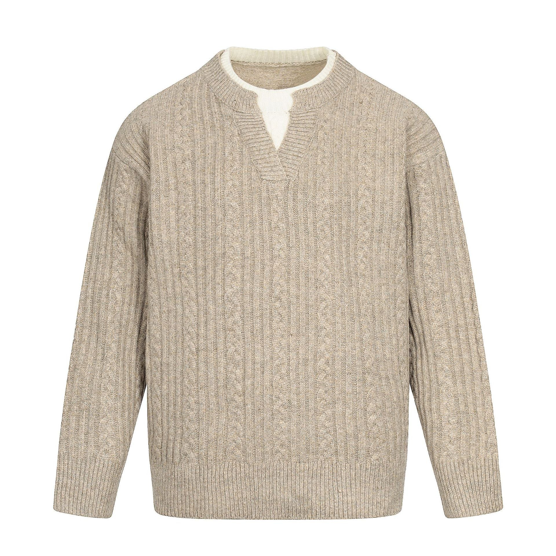 Men's cable knit sweater with V-insert and double roll collar Chichicherry