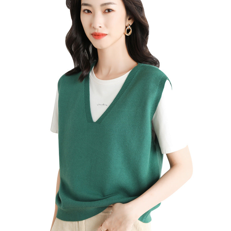 Women Oversize V-Neck Fine Knit Vest with Ribbed Hem Chichicherry
