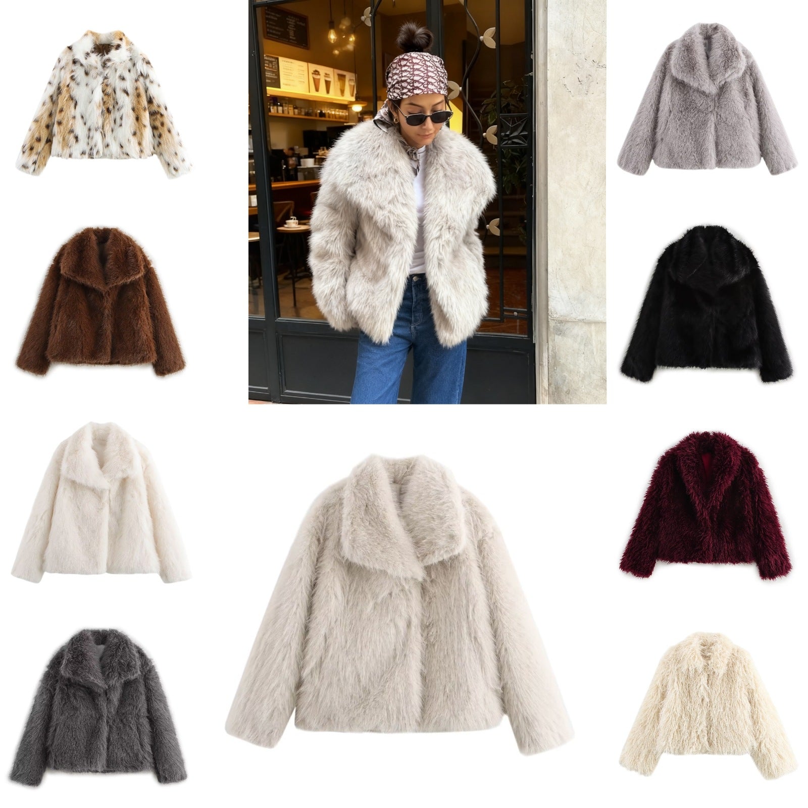 Women short cut boxy faux fur coat with shawl collar Chichicherry