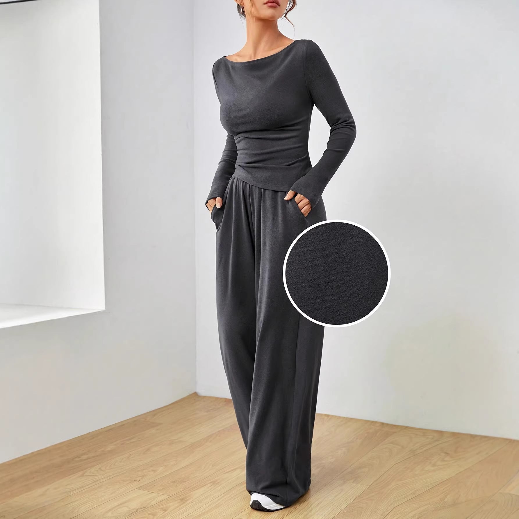Women’s loungewear set made of softly falling jersey with a boat neckline, fitted long sleeve, and wide palazzo pants Chichicherry