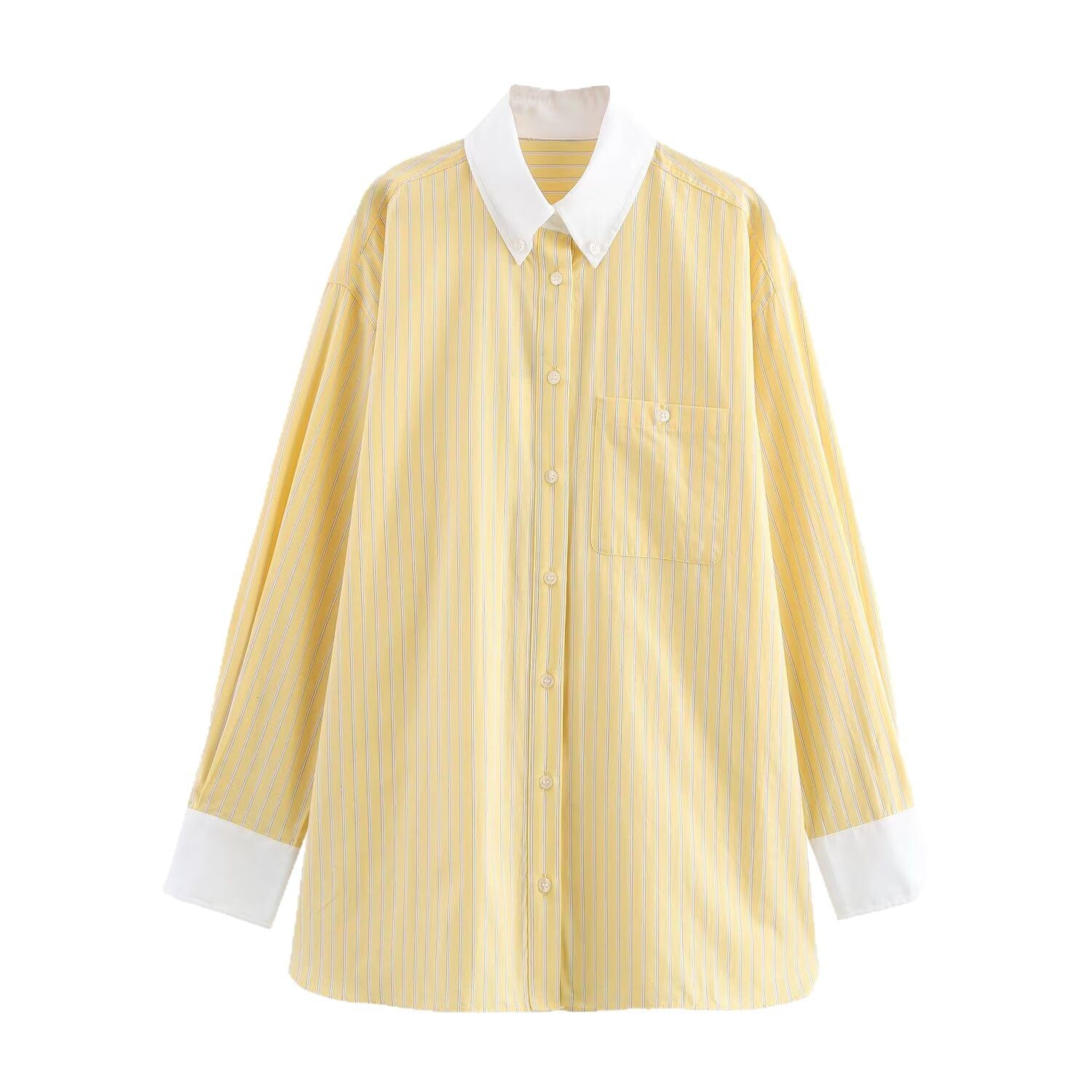 Women Oversized Shirt Blouse with Contrast Collar and Cuffs Chichicherry