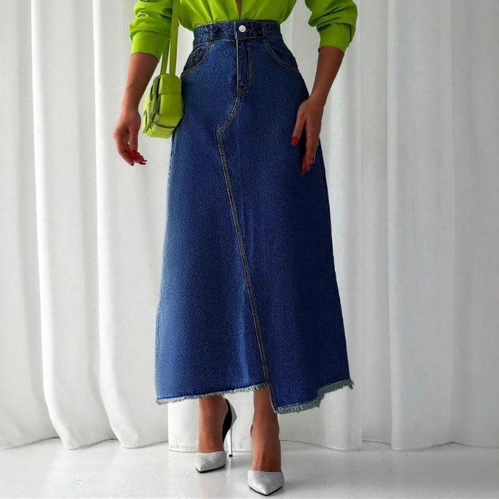 Ladies High-Waisted Maxi Denim Skirt with Asymmetrical Front Seam and Frayed Hem Chichicherry