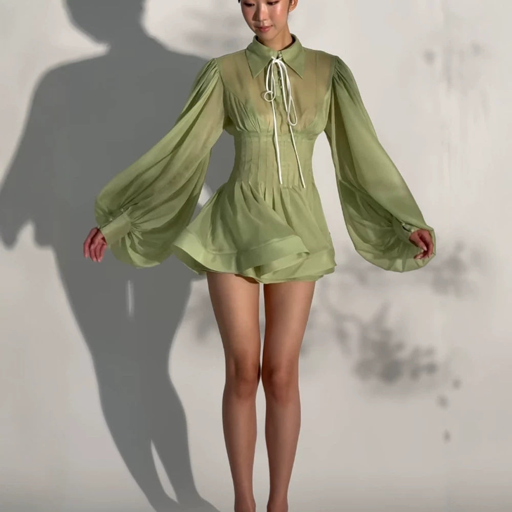 Ladies Transparent Chiffon Mini Dress with Corset Look, Puff Sleeves and Flared Skirt Chichicherry