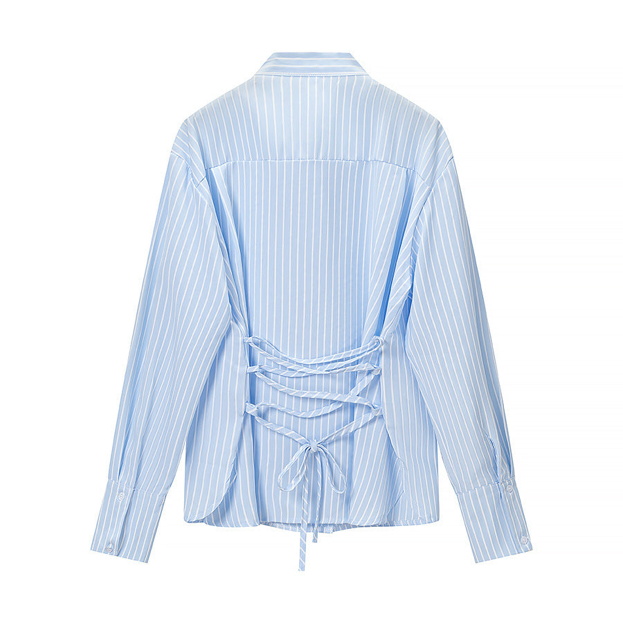 Women Striped Blouse with Bow Collar and Full Button Placket Chichicherry