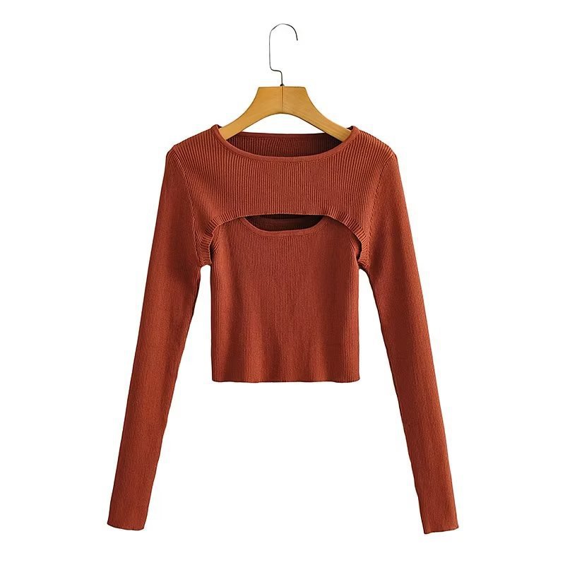 Women Ribbed Cropped Fine Knit Top with Cut-Out Details Chichicherry