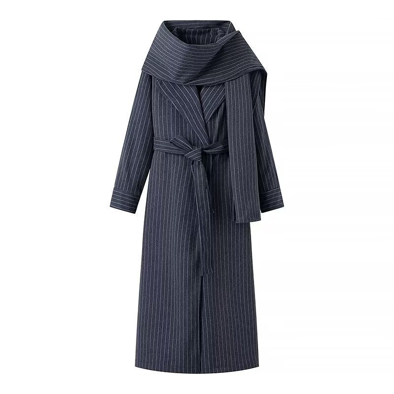 Women Tailored Pinstripe Coat with Ties and Wide Maxi Skirt Chichicherry