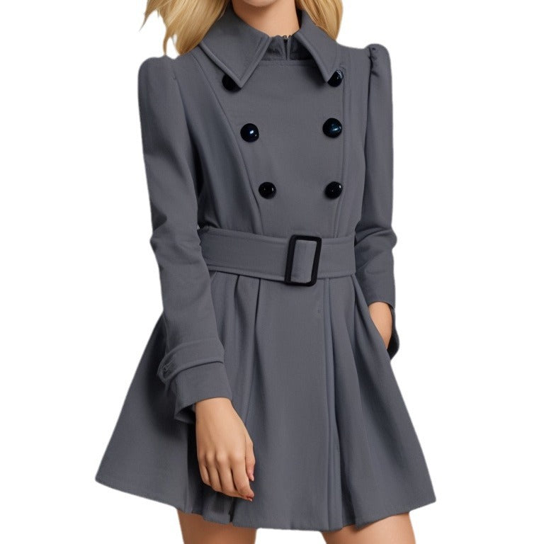 Women's Tailored Double-Breasted A-Line Coat with Tie Belt and Flared Skirt Chichicherry