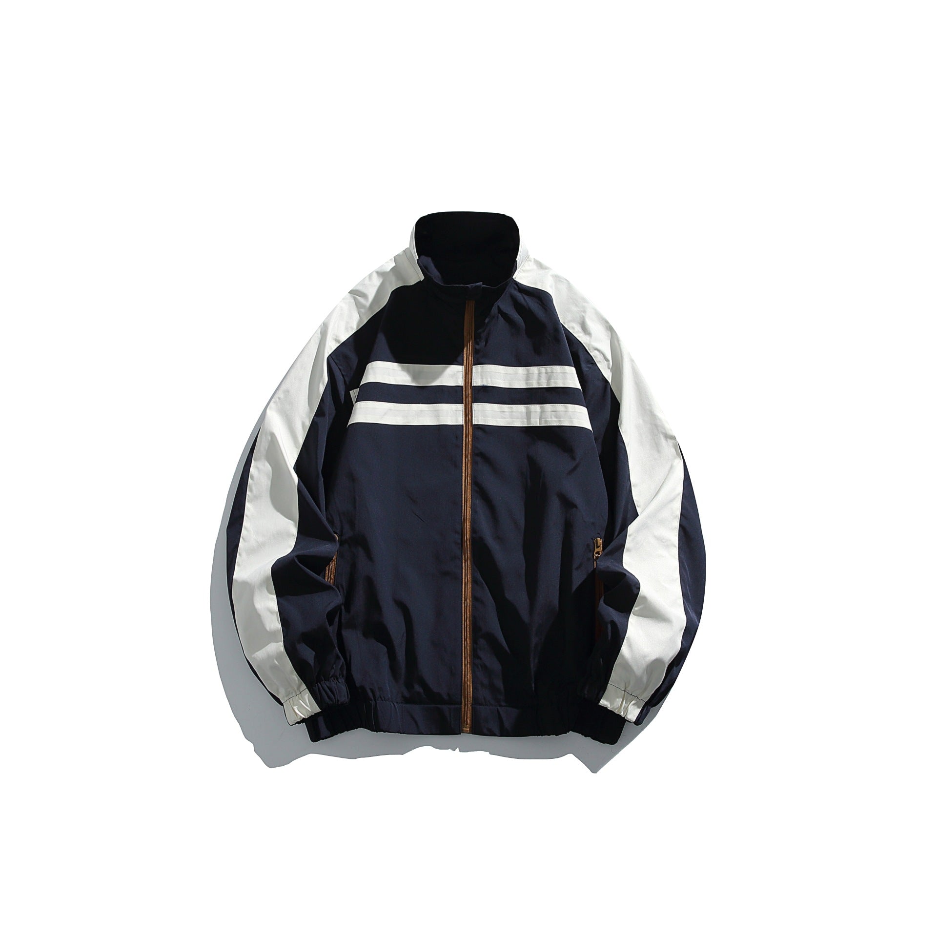 Unisex Sportive Track Jacket in Retro Windbreaker Design with Stand-Up Collar and Contrast Stripes Chichicherry