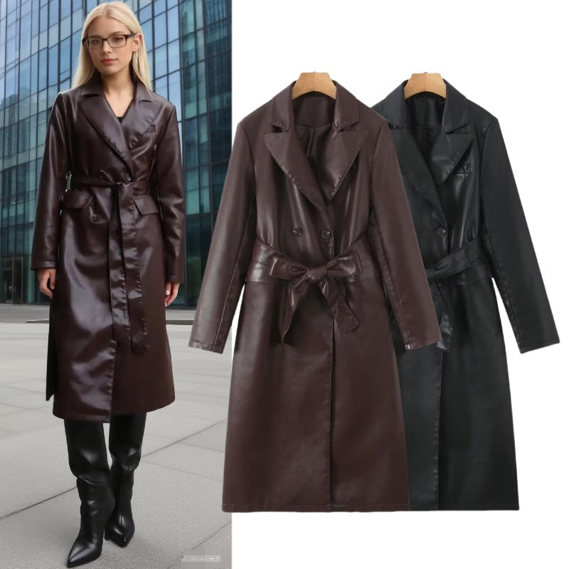 Women's longer tailored coat in leather look with tie belt and lapel collar Chichicherry