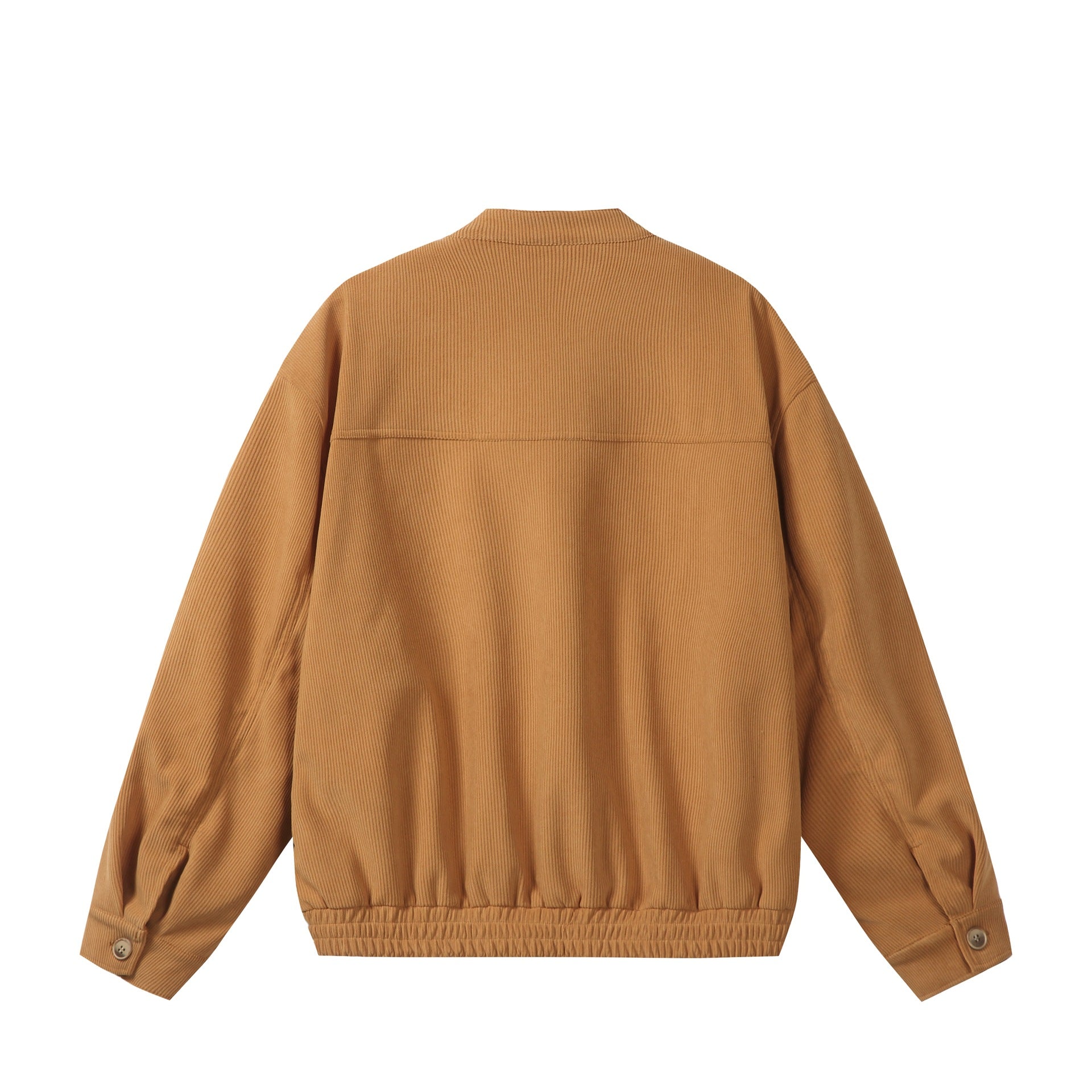 Unisex loose-fitting corduroy blouson jacket with stand-up collar, full-length zipper, and elastic hem Chichicherry