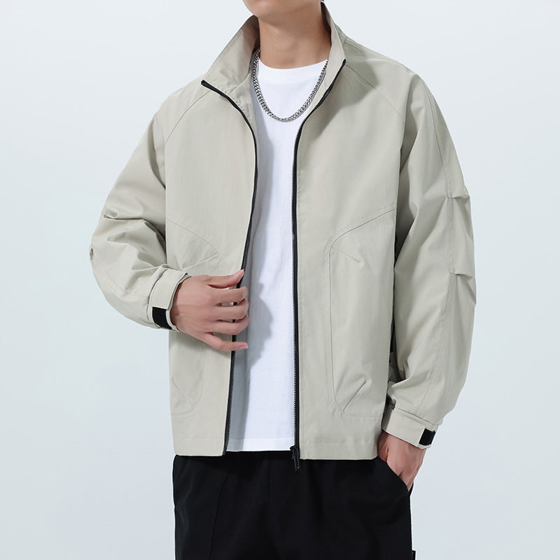 Men's Lightweight Utility Transitional Jacket with Stand Collar, Raglan Sleeves, and Adjustable Velcro Cuffs Chichicherry