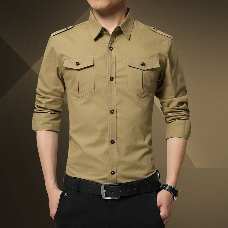 Men's Slim-Fit Cotton-Blend Utility Shirt with Shoulder Flaps and Chest Patch Pockets Chichicherry