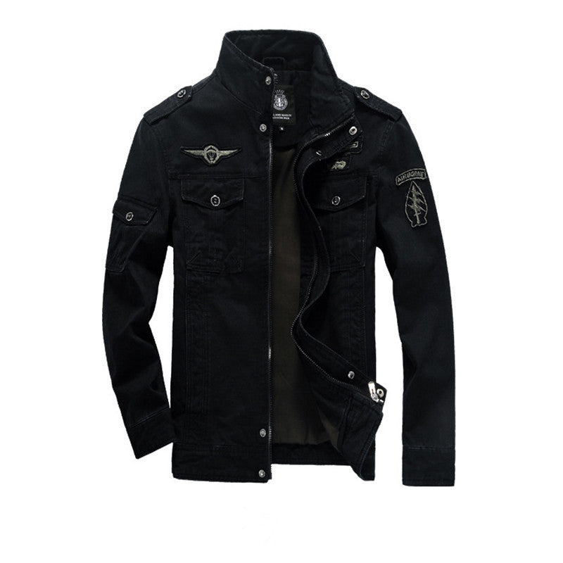 Men's canvas field jacket in military utility style with stand-up collar, epaulettes, and multifunctional pockets Chichicherry