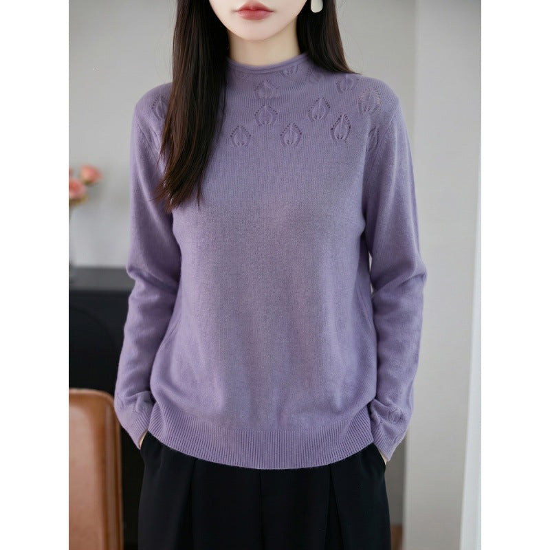Ladies Light Stand Collar Sweater with Floral Yoke and Fine Ribbed Edge Chichicherry