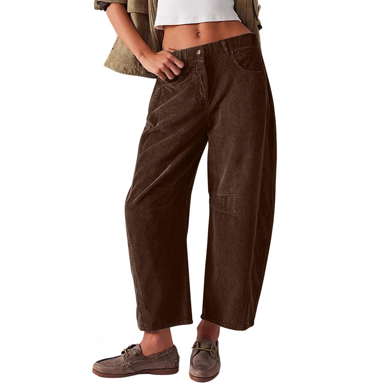 Women Wide Cord Pants with High Waist, Cropped Leg and Side Pockets Chichicherry