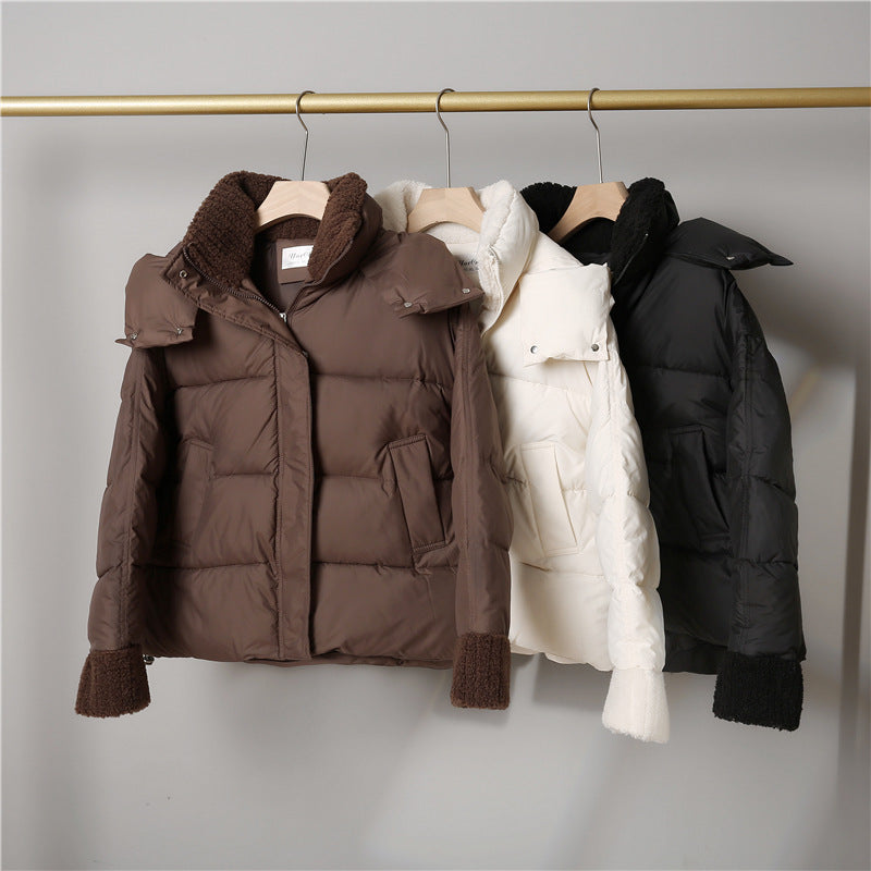 Womens non-padded short jacket in boxy cut with sherpa collar and adjustable drawstring hem Chichicherry