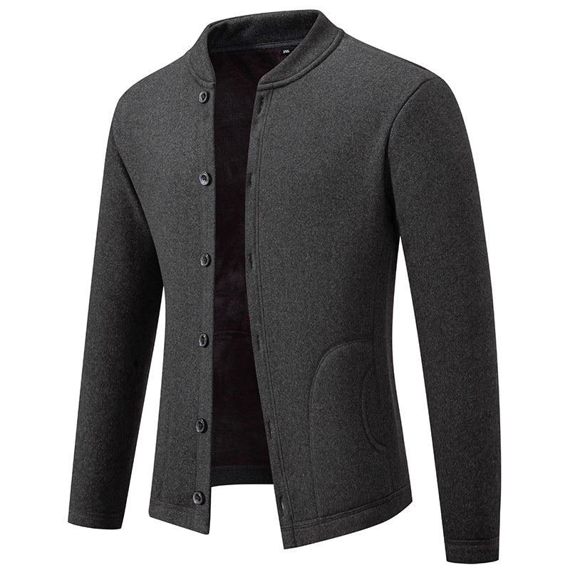 Men's Stand Collar Cardigan with Button Placket and Lightweight Wool Blend Chichicherry