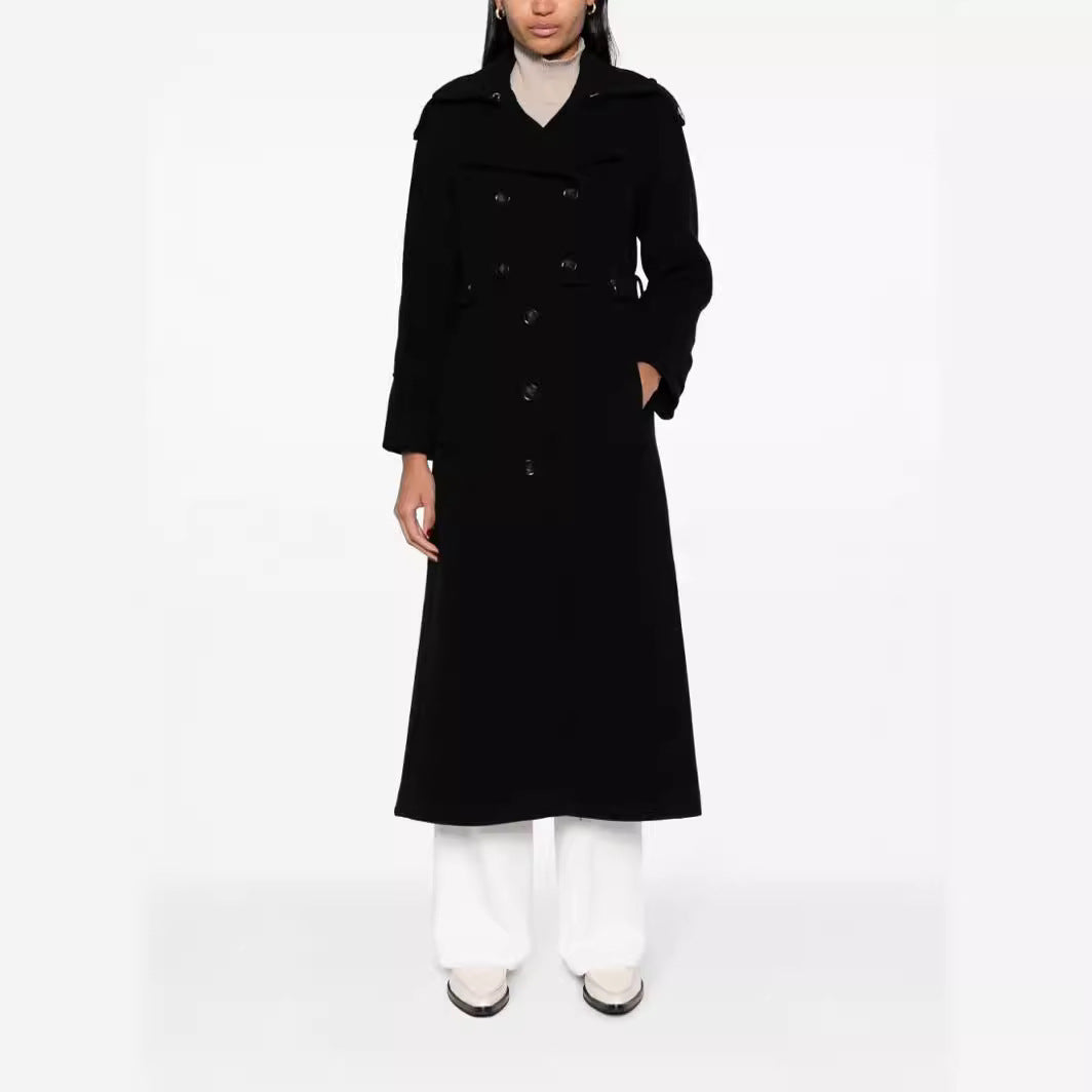 Women Floor-Length Double-Breasted Trench Coat made of Wool Blend with Shoulder Patches and Concealed Waist Belt Chichicherry