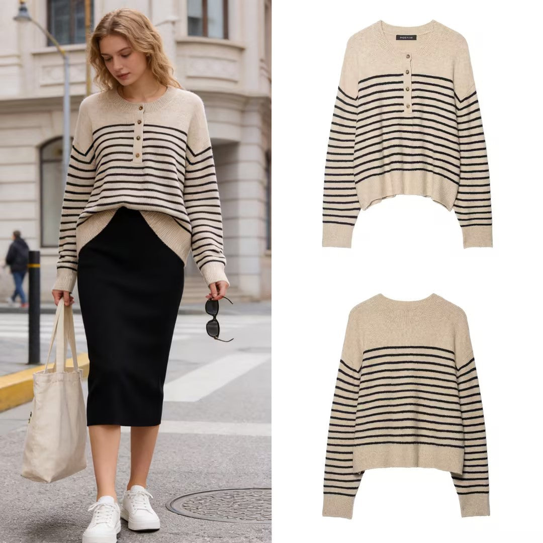 Women's Striped Fine Knit Henley Sweater with Dropped Shoulder and Ribbed Hem Chichicherry