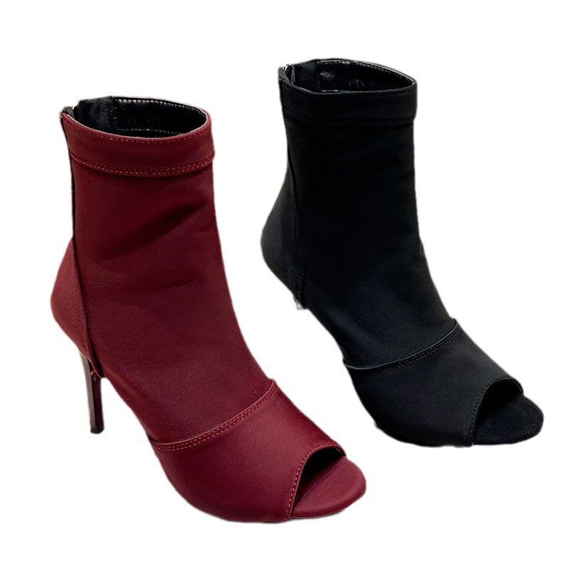 Women's Open Toe Ankle Boots with Stretch Shaft and Slim Stiletto Heel Chichicherry