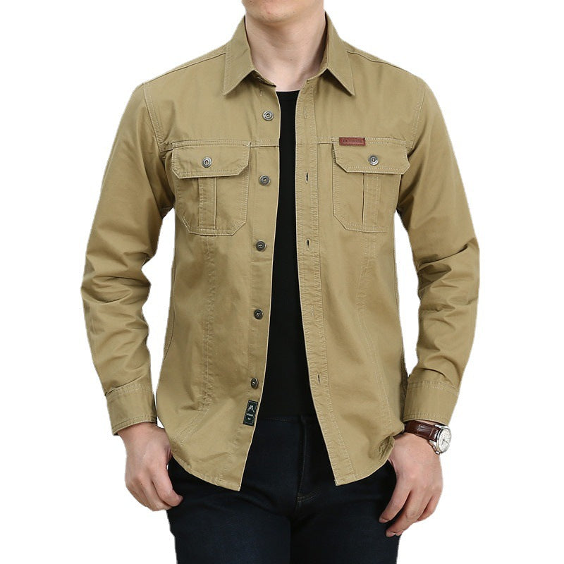 Men's Lightweight Canvas Overshirt in Utility Style with Chest Flap Pockets and Shirt Collar Chichicherry