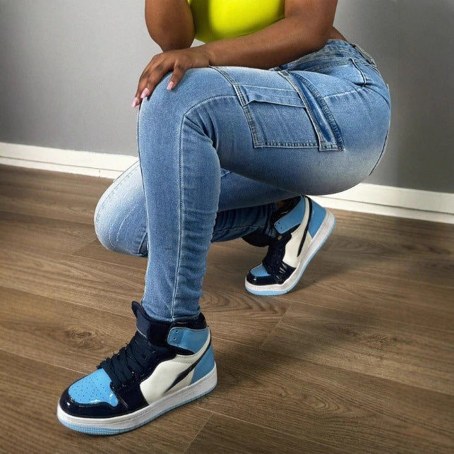 Women's High-waisted stretchy Cargo Skinny Jeans with drawstring waistband Chichicherry