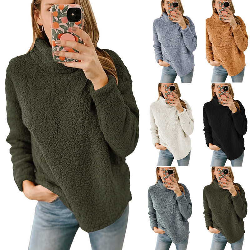 Women's Cozy Oversized Teddy Sweater with Stand-Up Collar and Curved Hem Chichicherry