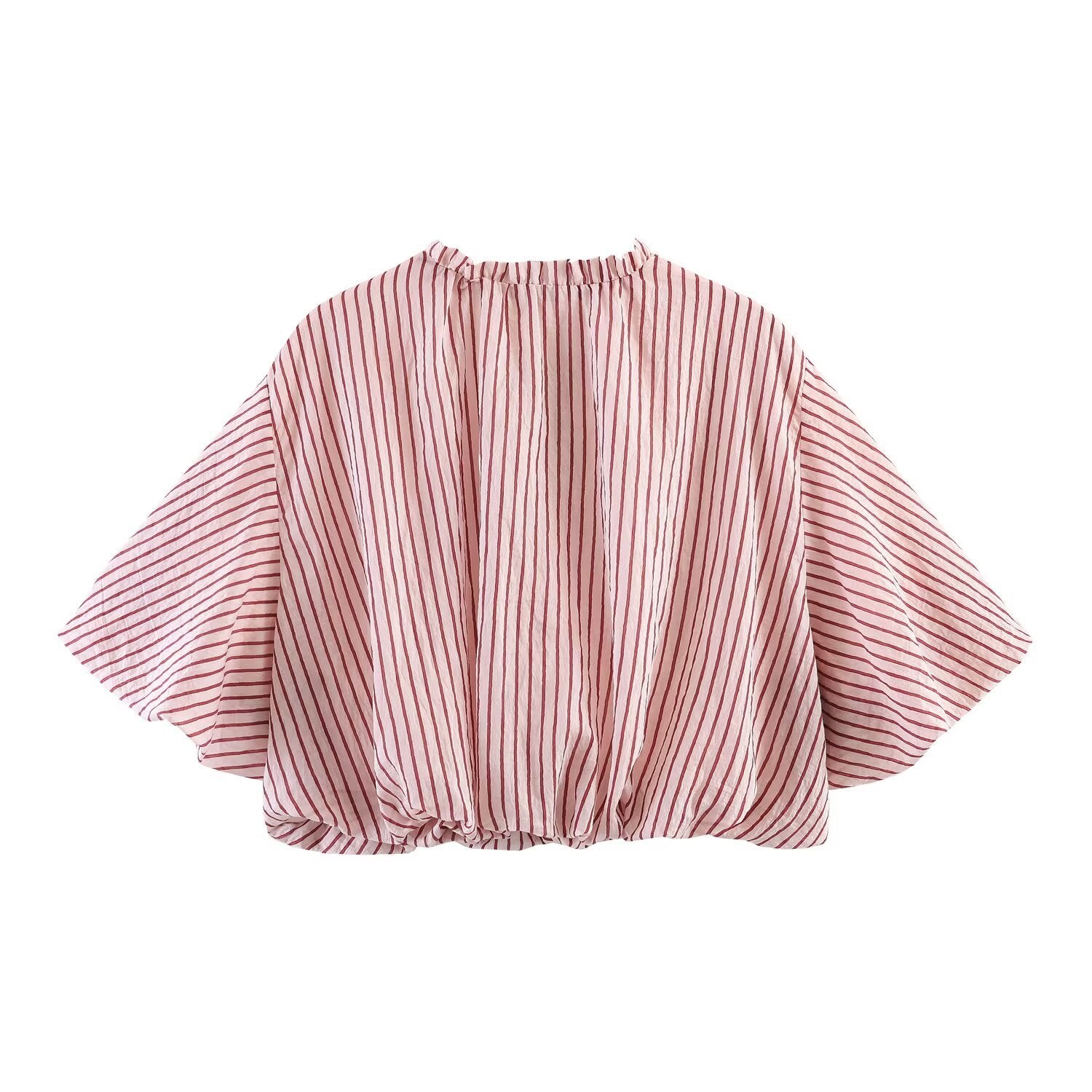 Women's Striped Oversize Blouse with Tassel Band and Volume Sleeves Chichicherry