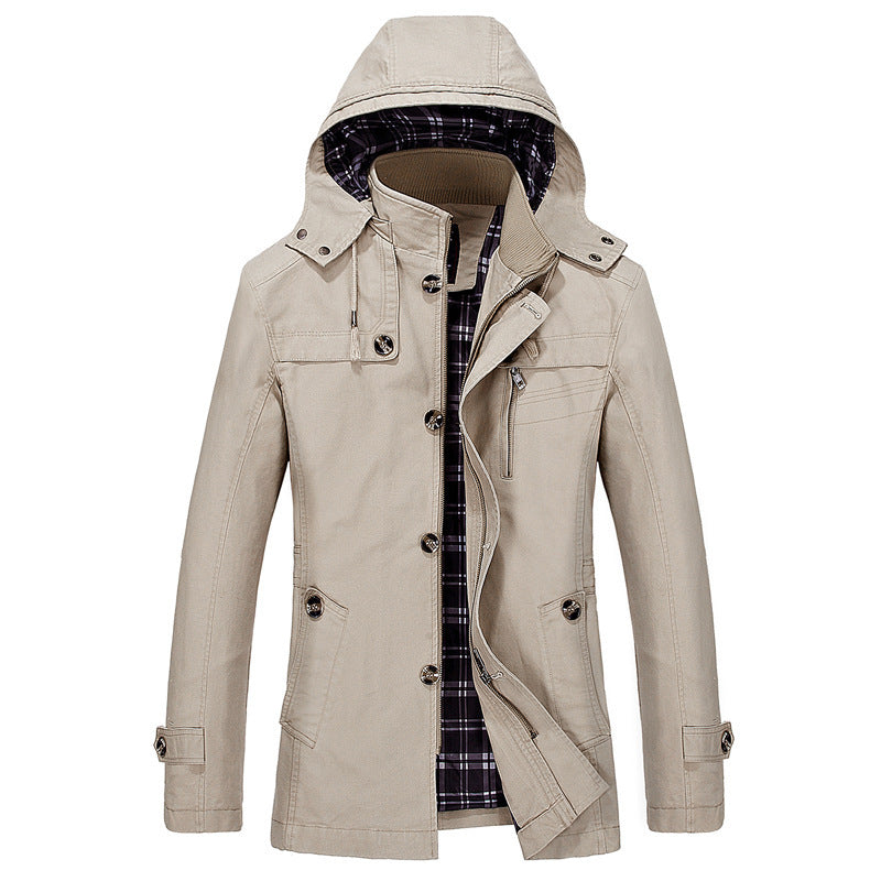 Men's Hooded Canvas Parka with Checked Lining, Wind-Resistant Linen Look and Multifunctional Pockets Chichicherry