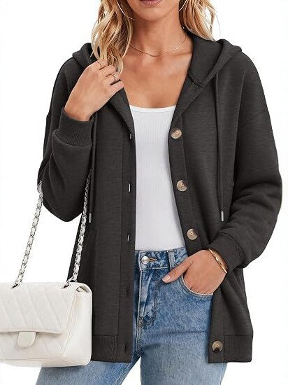 Ladies fleece hooded cardigan with button placket, raglan sleeves and side pockets Chichicherry