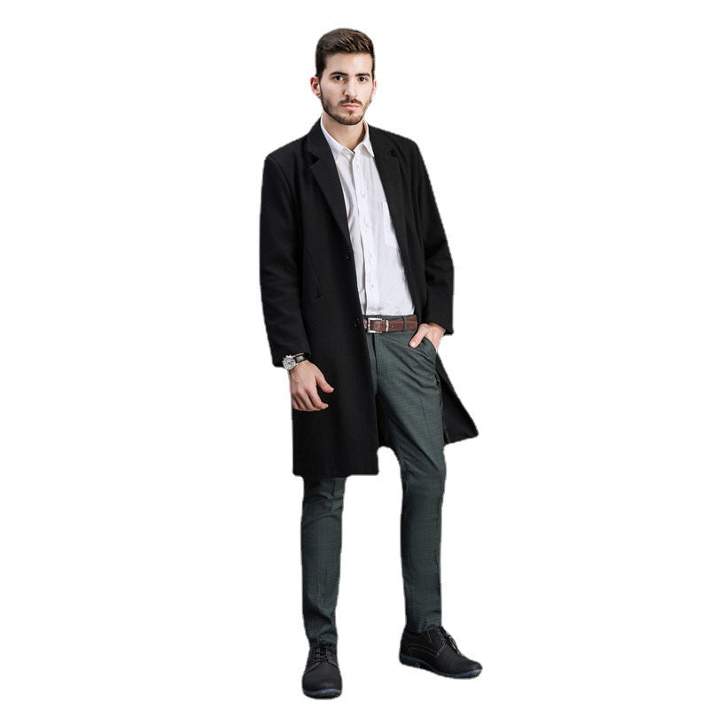 Men Timeless Long Wool Coat with Slim Lapel and Two-Button Closure Chichicherry